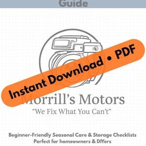 May include: A white PDF guide titled "Snowblower Maintenance Guide" with an orange "Instant Download" banner. The guide includes a snowblower illustration and text for beginner-friendly seasonal care and storage checklists.
