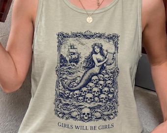 Vintage Mermaid Siren Comfort Colors Graphic Tee, Girls Will Be Girls Feminist Tee, Mythical Women's Empowerment Graphic Shirt, Gift for Her