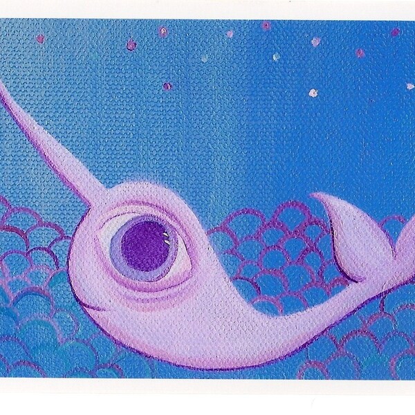 Pink Narwhal ART Print. 5x7 Print of an Original Oil on Canvas Painting. Whimsical Artwork of Allie Kelley