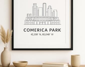 Comerica Park Print | Minimalist Detroit Skyline, Tigers Stadium (Digital Download)