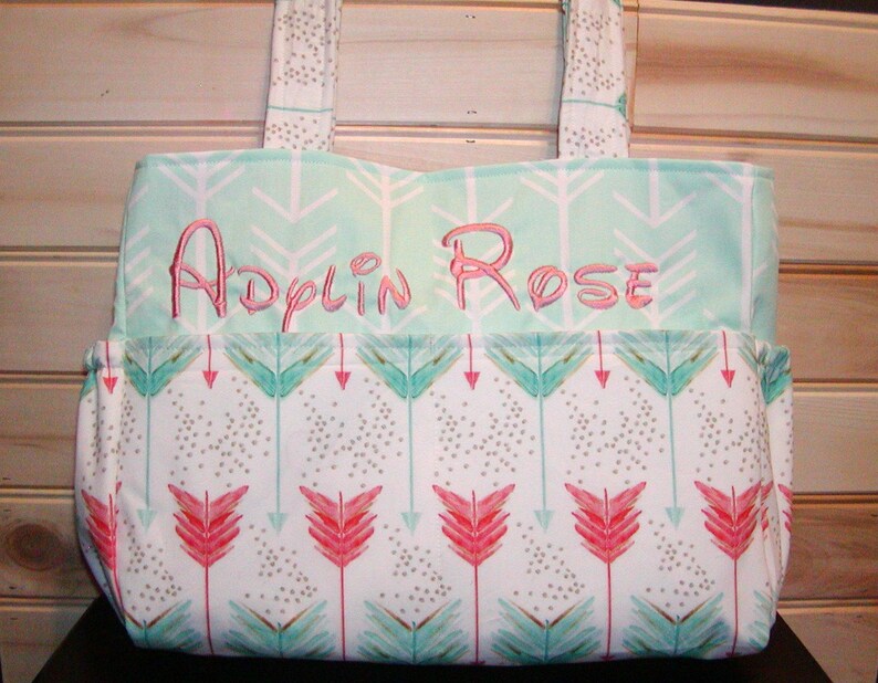 Diaper bag handbagpurse book..Mint N Coral Arrows..Add Name Etsy