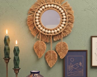 Conjunto de 3 espelhos de macramê, decoração de parede boho, espelho de parede com franjas trançadas, conjunto de espelhos pequenos e redondos boho, presente artesanal.