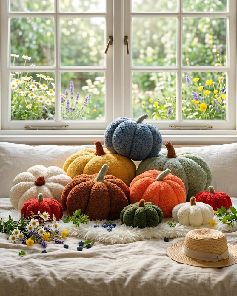 A collection of plush sherpa teddy pumpkin-shaped cushions in mustard yellow, cream white, and sage green. Text overlay outlines the exact dimensions of 35cm, 25cm, and 15cm for easy product variant comparison on Etsy.