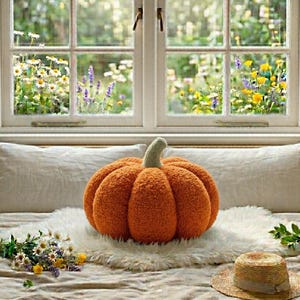 Pode incluir: Uma almofada redonda, laranja e texturizada em forma de ab&oacute;bora com um caule verde-claro. A almofada repousa sobre um tapete de pele sint&eacute;tica branca, acompanhada por um chap&eacute;u de palha e flores silvestres numa superf&iacute;cie de tecido neutro.