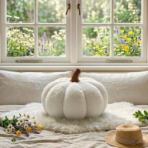 Boucle plush pumpkin pillow collection layout showcasing three available sizes (15cm, 25cm, 35cm). Cozy minimalist autumn aesthetic featuring handmade pumpkin throw pillows with brown stems on a light wood display shelf.