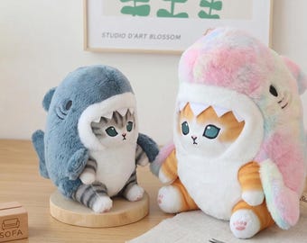 Shark Cat Plushie Kawaii Stuffed Animal, Soft Animal Pillow for Kids, Cute Anime Room Decor, Birthday Gift for Gamer, Shark Doll Toy