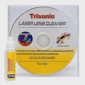 May include: A Trisonic laser lens cleaner kit featuring a circular disc with white, yellow, and red text, including the model number TS-3146B, housed in a clear plastic case alongside a small white bottle of cleaning solution with a yellow label.
