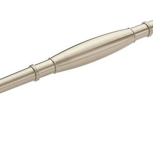 May include: A long, brushed nickel cabinet pull with a smooth, elongated center section that tapers toward both ends. The handle features two decorative rings flanking the central barrel and curved mounting posts at each end for attachment.