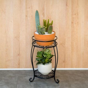 May include: A black metal plant stand with two tiers, holding potted plants. The top tier features a terracotta pot with various cacti. The bottom tier holds a white pot with green and white leafy plants. The stand has decorative scrollwork.