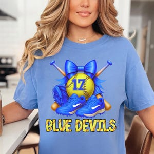 Personalizable Blue Devils Softball Coquette Team Gear Comfort Colors T-Shirt | Yellow Ball Graphic