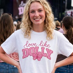 Love Like Dolly Butterfly Faux Patchwork Embroidery Comfort Colors T-Shirt