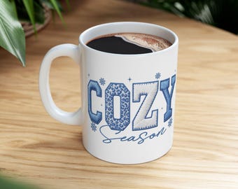 Cozy Cozy Season Mug | Winter Snowflake Lettering, Blue Knit Style