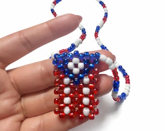 Handmade Beaded Necklace in Puerto Rico Flag Colors | Red White Blue Jewelry | Cultural Gift