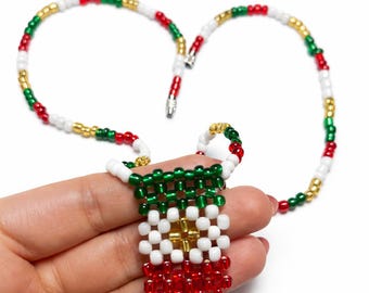 Handmade Beaded Necklace in Mexico Flag Colors | Red White Green Jewelry | Cultural Gift