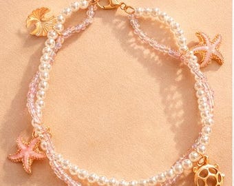 Ocean Charm Bracelet / Anklet, Starfish & Turtle Charm Bracelet, Beach Jewelry, Handmade Beaded Bracelet, Summer Anklet, Gift for Her