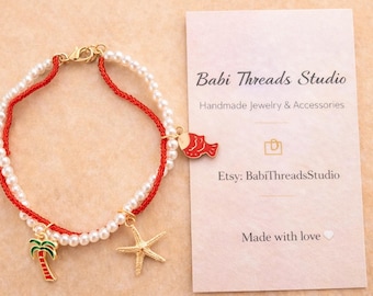 Tropical Pearl Charm Bracelet, Beach Beaded Bracelet with Starfish Palm Tree & Fish, Summer Ocean Jewelry, Handmade Gift for Her