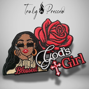 May include: An embroidered patch featuring a person with long dark hair, sunglasses, and hoop earrings, wearing a tan ribbed top. The patch includes a large red rose, a white cross, and the text "Blessed" and "God's Girl" in red and white.