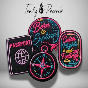Travel Lover Patch Set | Born to Explore, Catch Flights Not Feelings, Passport, and Compass Iron-On Embroidered Patches