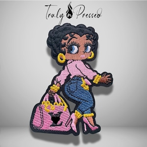 Betty B Pink Boutique Girl Patch, Fashionista Melanin Betty Iron On Patch, Cute Girly Cartoon Girl Embroidered Appliques