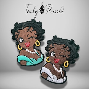 Fashion Betty B Girl Glam Iron On Patch Patch | Winking Black Betty Girl Patch | Betty Inspired Patches for DIY Bags, Hats, Jackets