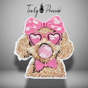 Girly Dog Iron on Patches, Puppy Accessories, Heart Glasses and Bubblegum Dog Patch, TrulynPressed Patches