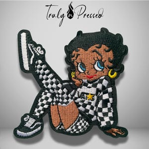 Betty B Checkered Girl Iron On Patch, Black White Fashionista Patch, Cute Cartoon Inspired Patch, Melanin Afro Girl Embroidered Appliques
