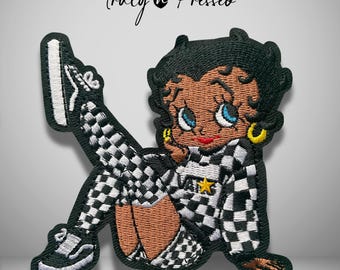 Betty B Checkered Girl Iron On Patch, Black White Fashionista Patch, Cute Cartoon Inspired Patch, Melanin Afro Girl Embroidered Appliques