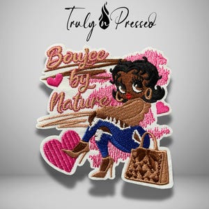 Bougie By Nature Patch, Black Girl Iron On Patch, Melanin Afro Woman Embroidered Applique, Cute Fashionista Patch for Denim Jacket