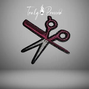 May include: An embroidered patch featuring crossed scissors and a comb. The scissors and comb are a deep pink color with black glitter trim. The text "Truly n Pressed" is in white script above the scissors.