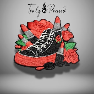 May include: An embroidered patch featuring a black high-top sneaker with white laces, surrounded by red roses with green leaves and several red lipsticks. The text Truly n Pressed is positioned above the design in a black script font.