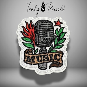 May include: Embroidered patch featuring a vintage microphone, a red chili pepper, a red star, and green leaves. A brown banner displays the word "MUSIC". The patch is outlined in white, with the text "Truly Pressed" at the top.