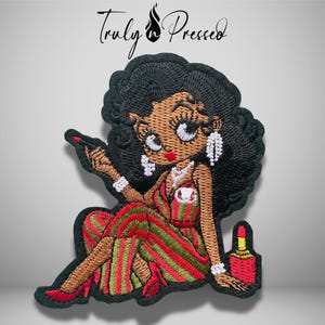 Glam Betty B Girl Patch, Makeup Fashion Betty B Iron On Patch,  Cartoon Melanin Afro Girl Embroidered Appliques