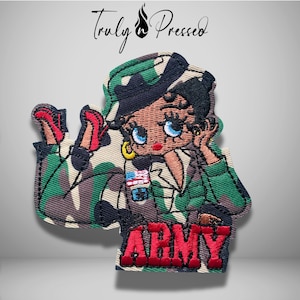 Betty B Army Military Girl Iron On Patch,  Camouflage Fashion Betty  Patch, Cute Army Fatigue Black Girl Patches