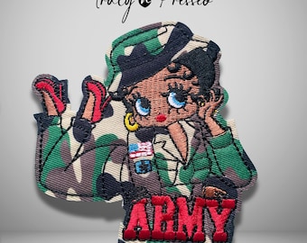 Betty B Army Military Girl Iron On Patch,  Camouflage Fashion Betty  Patch, Cute Army Fatigue Black Girl Patches