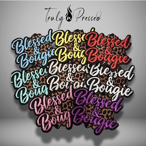 May include: Embroidered patches in various colors, featuring the words "Blessed & Bougie" in a cursive font. The patches have a leopard print background and are from "Truly Pressed".
