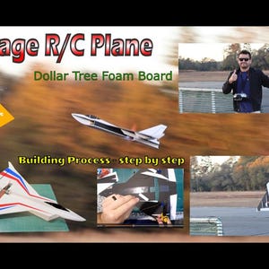 Peut inclure: Image pr&eacute;sentant un avion Mirage R/C fabriqu&eacute; &agrave; partir de carton mousse Dollar Tree. L'image comprend le texte "Mirage R/C Plane" et "Dollar Tree Foam Board". Des images suppl&eacute;mentaires montrent le processus de construction &eacute;tape par &eacute;tape.