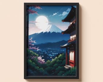Japan Temple Poster with Mount Fuji | Japanese Illustrated Landscape Wall Art | Kyoto Style Pagoda Print | Night City Japan Art | Unframed
