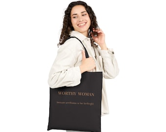 Värdig kvinna - affirmationstoteväska | Bomullscanvas-toteväska, minimalistisk design med självkänsla