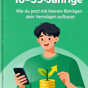 May include: Book cover with the title "Investieren für 18-35-Jährige" in white text on a green background. The cover features an illustration of a person holding a phone, with a stack of gold coins and a growing plant. The author's name is Michael Darko.