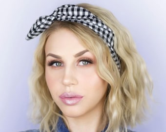 Diadema con alambre a cuadros vichy en blanco y negro