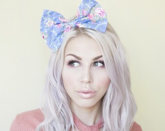 Blue with pink flower print large bow headband