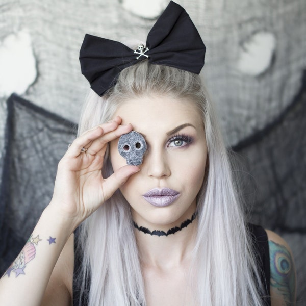 Black Oversized Hair Bow With Silver Skull and Crossbone