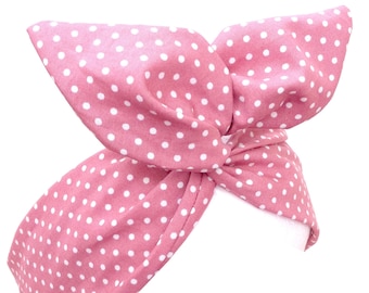 Dusky Vintage Pink with White Polka Dot Wired Headband