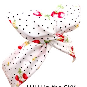 White with Red Strawberry Bunch and Polka Dot Print Wire Headband Hair Wrap
