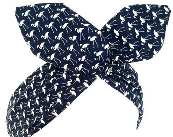 Navy blue with white flamingo print Pin up - Rockabilly wire headband hair wrap