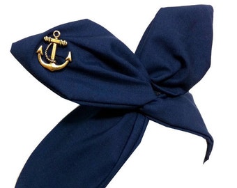 Navy Blue Nautical Sailor girl with Gold Anchor Hair Wrap