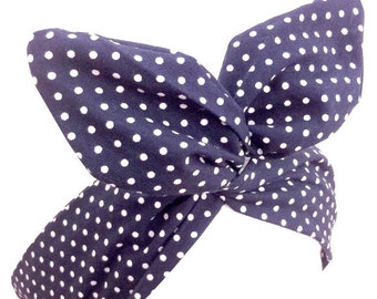 Navy Blue & White Small Polka Dot wire Pin Up Headband Hair Wrap