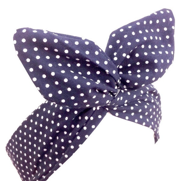 Navy Blue & White Small Polka Dot wire Pin Up Headband Hair Wrap