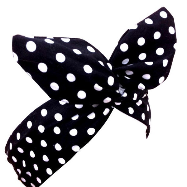 Black & White Polka Dot wire ROCKABILLY Pin Up Headband Hair Wrap