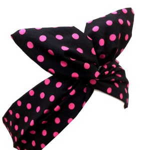 Black With Pink Polka Dot wired Headband Hair Wrap image 1